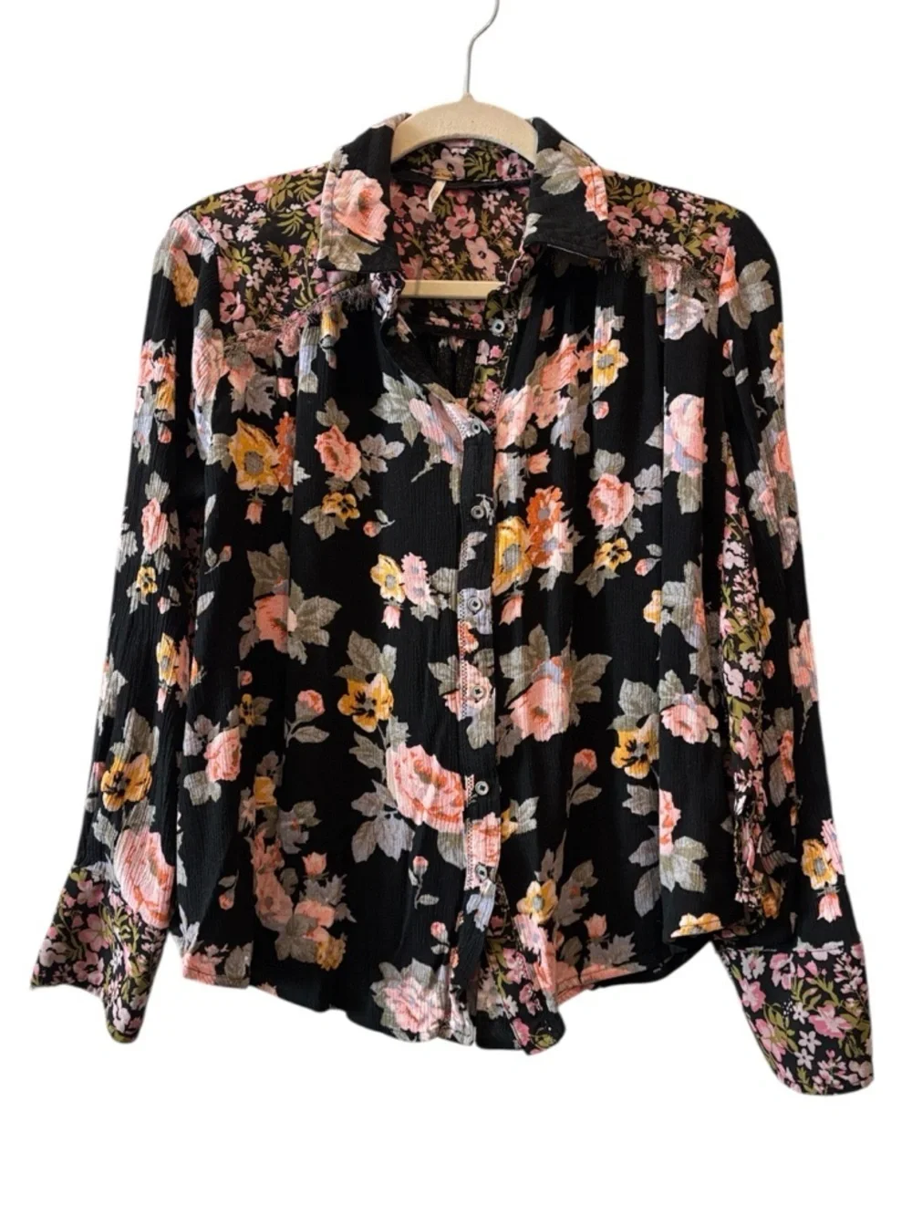 Free People Floral Button-Front Women's Blouse Black Pink & Yellow Flowers Small